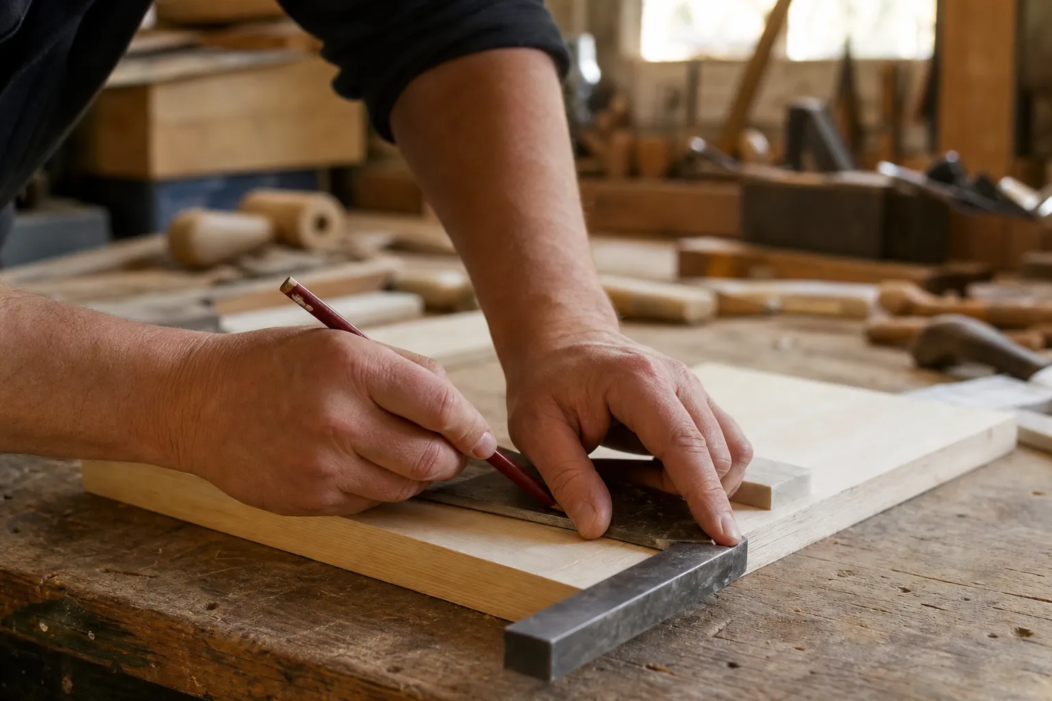 Mains d’artisan traçant une coupe sur une planche de bois clair avec une équerre de charpentier