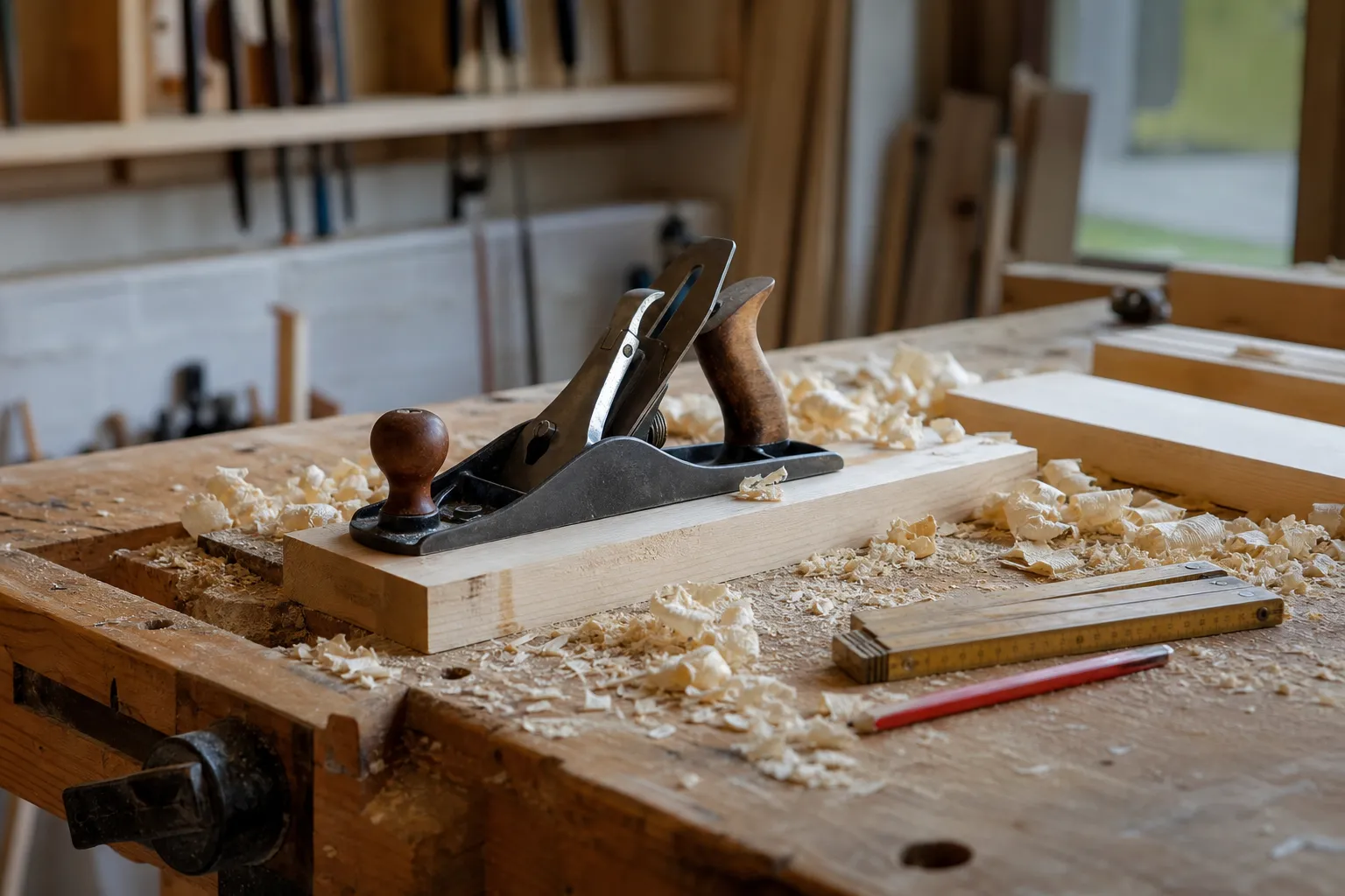 Établi de charpentier en atelier, planches de bois clair en cours de rabotage, copeaux et outils à main