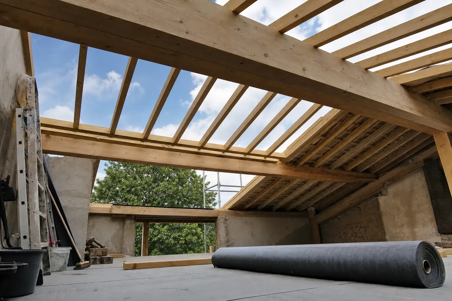 Structure de toiture vue de dessous en cours d’extension, couverture partiellement posée