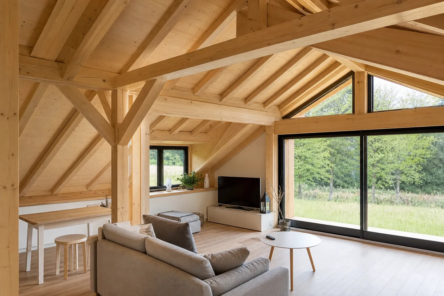 Salon sous charpente apparente en bois clair, structure porteuse visible dans une pièce habitée